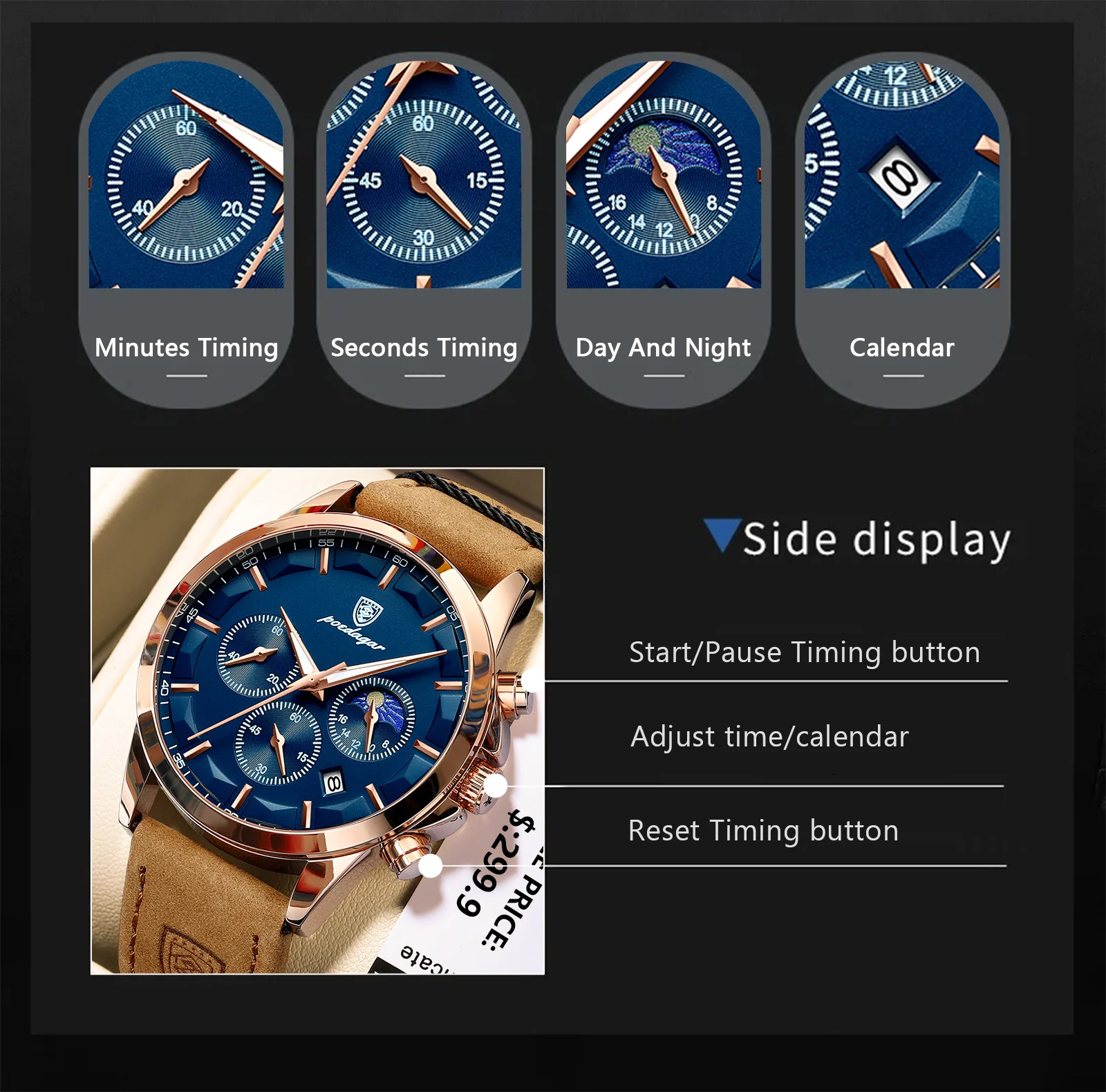 Relógio masculino de alta moda, luminoso, à prova d'água, com pulseira de couro e mecanismo de quartzo. Possui data, cronógrafo e é ideal para negócios._voghion.com
