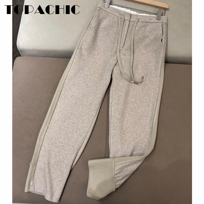 

11.16 TOPACHIC Women's Autumn Winter New Heavy Industry Bead Chains Drawstring High Waist Comfortable Straight Pants