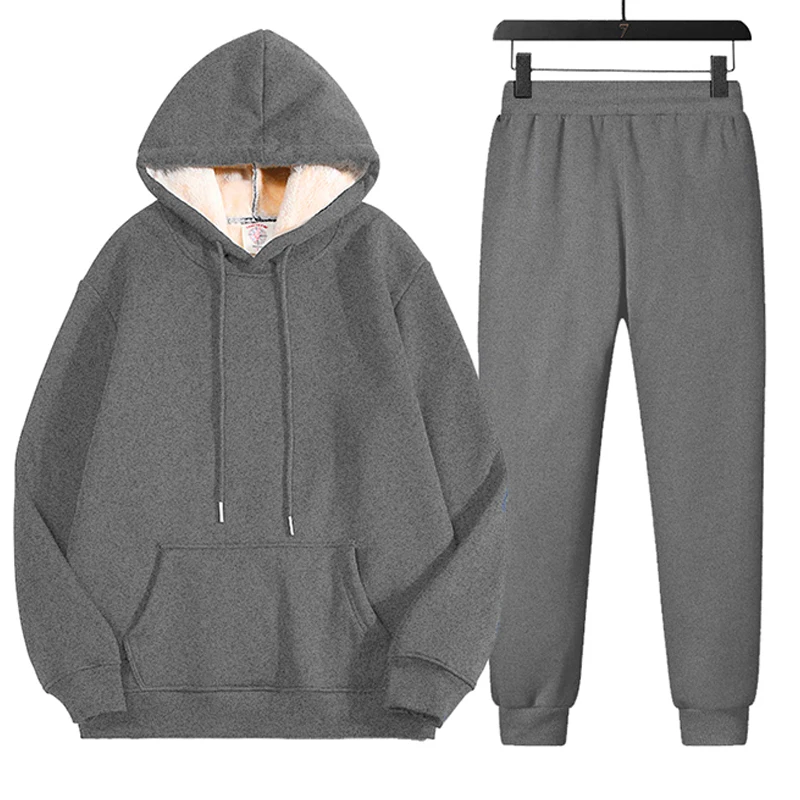 Winter Thicken Warm Suit Thick Lambswool Sets Men Women Casual Loose Sweatshirts Hooded Two-Piece Set Thickened Hoodies Pants