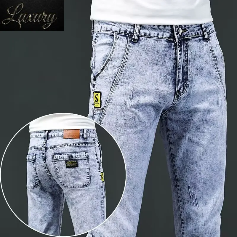 

Новинка 2023, узкие джинсы, Мужские Винтажные Модные Классические облегающие эластичные мужские повседневные джинсовые брюки со снежинками