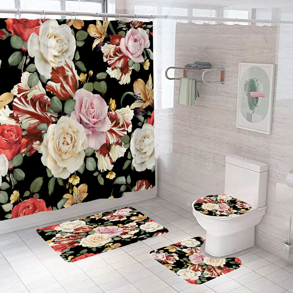 

Retro Floral Red Roses Flowers 4pcs Shower Curtain Set Anti-slip Rugs Toilet Lid Cover Bath Mat for Bathroom Curtains Decoration
