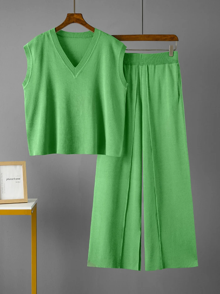 

New Pant Sets Women Clothing V-neck Loose Sleeveless Knitted Vest Top Casual Split Wide Leg Pants 2 Piece Sets Womens Outfits