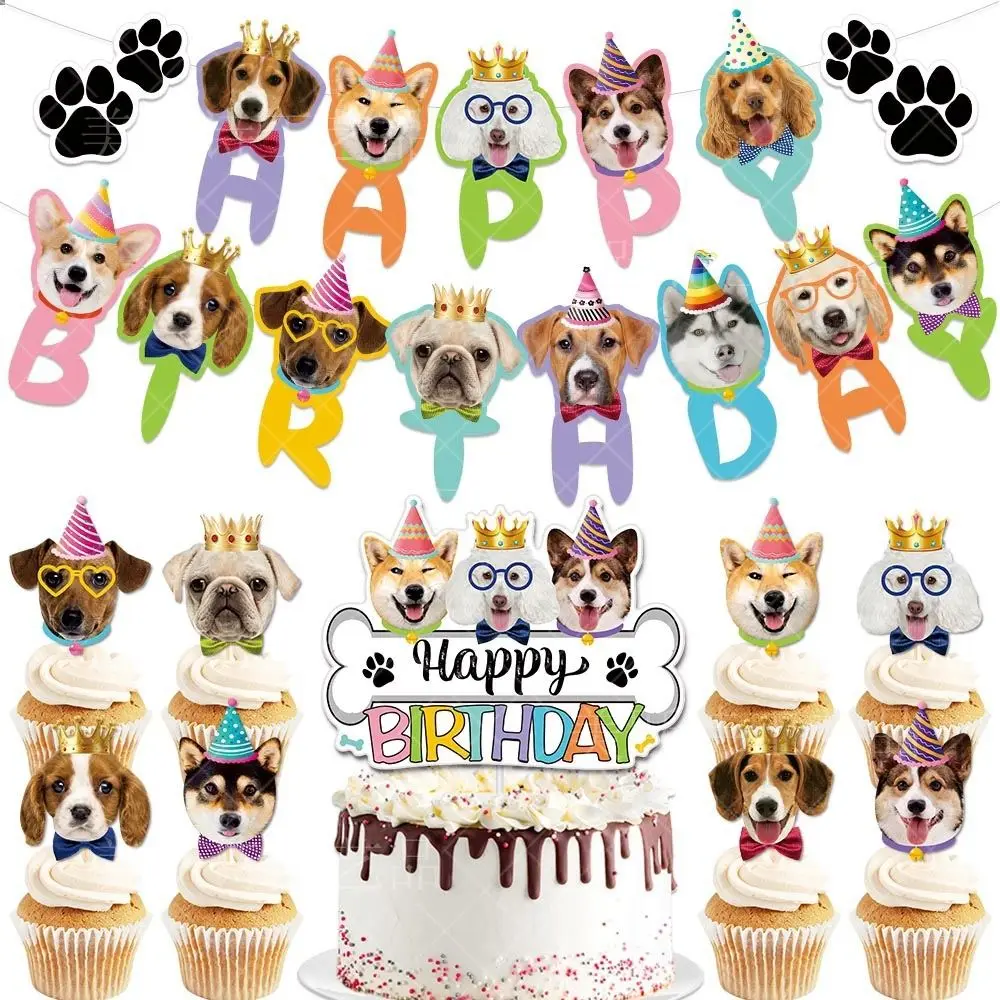 Easy Use Photo Props Paper Cup Desserts Dog Face Birthday Pull Flag Cake Accessories Animal Portrait Banner Party Bunting