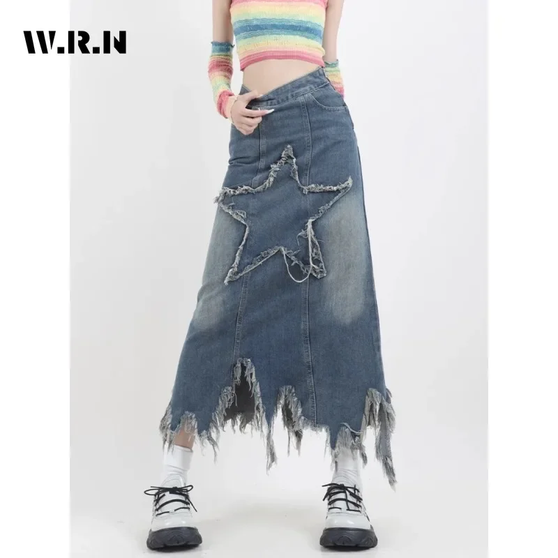 

2023 Winter Vintage Harajuku High Street Denim Skirt Women's Grunge High Waist Y2K Star Tassels Retro A-Line Lady Sheath Skirt