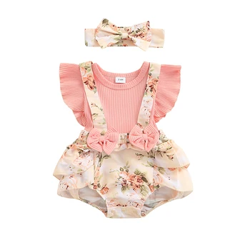 Infant Baby Girls Spring Summer Clothing Floral Print Ribbed Romper Ruffle Fly Sleeve Jumpsuit Headband Outfits 1