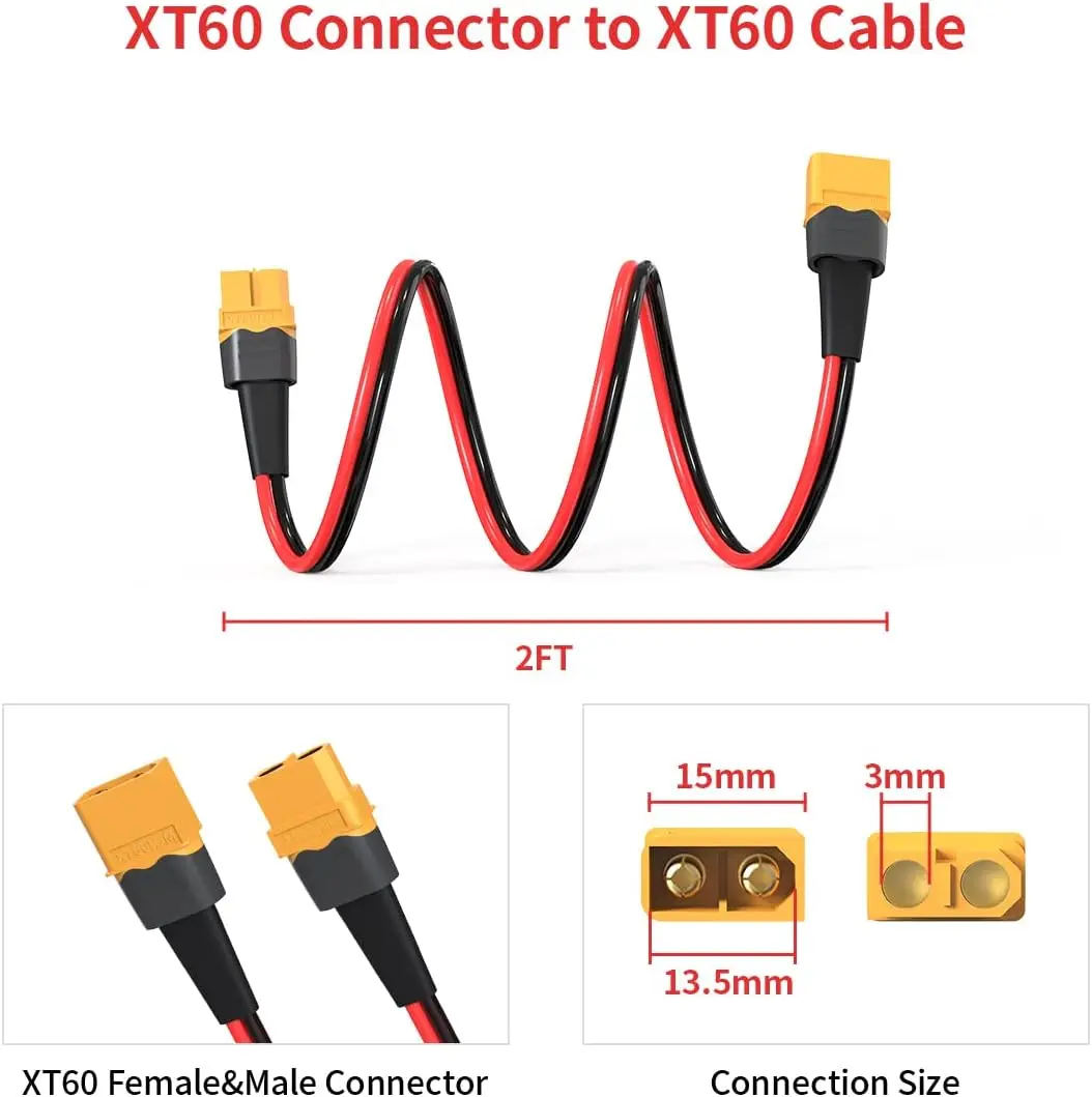 12AWG 2피트 XT60 연장 케이블 2, 6, 10, 20, 35, 50, 75, 100피트 XT60 암-수 커넥터 (RC 배터리, 휴대용 발전소, 태양광용)