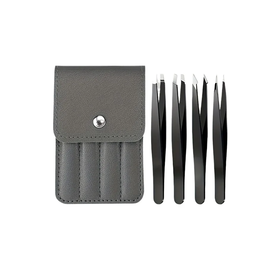 스테인리스 스틸 눈썹 핀셋 세트 인조 속눈썹용 네 피스 브라운 케이스 휴대용 눈썹 메이크업 도구
