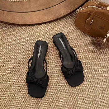2026 New Women Elegant Square Toe Bow Mule Sandals Casual Low Block Heel Slip On Summer Beach Fashion Slippers 1