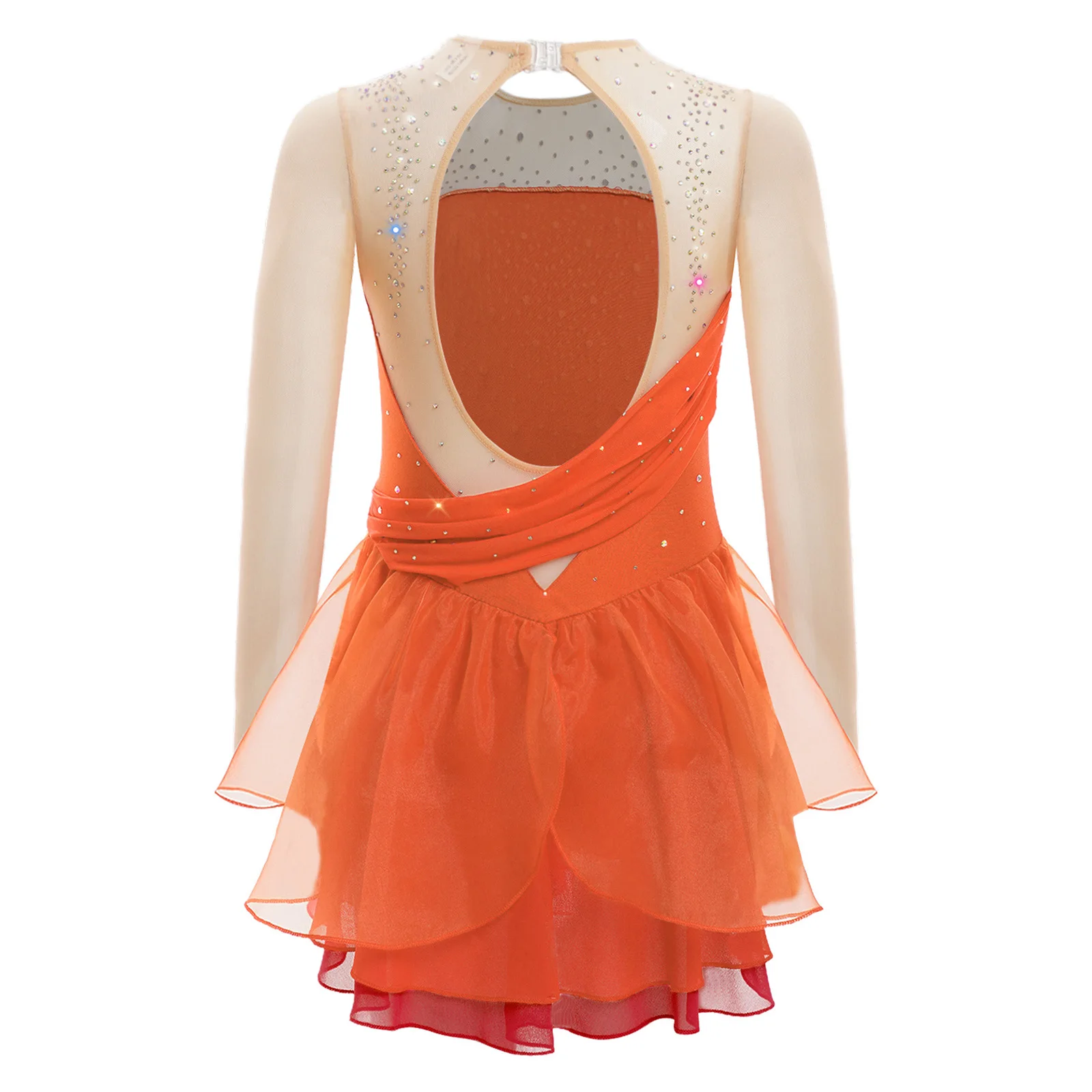Kinder Mädchen Eiskunstlauf Performance Kostüm Glänzende Strasssteine Lyrisches Tanzkleid Sheer Mesh Long Sleeves Cutout Back Kleider – Detail 5