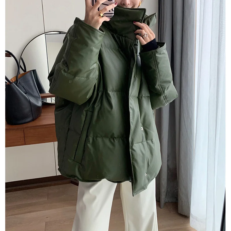 2023 Warm PU Leather White Duck Down Jackets Women Winter Short Bread Coats Loose Tops Commuting Stand Collar Single-breasted