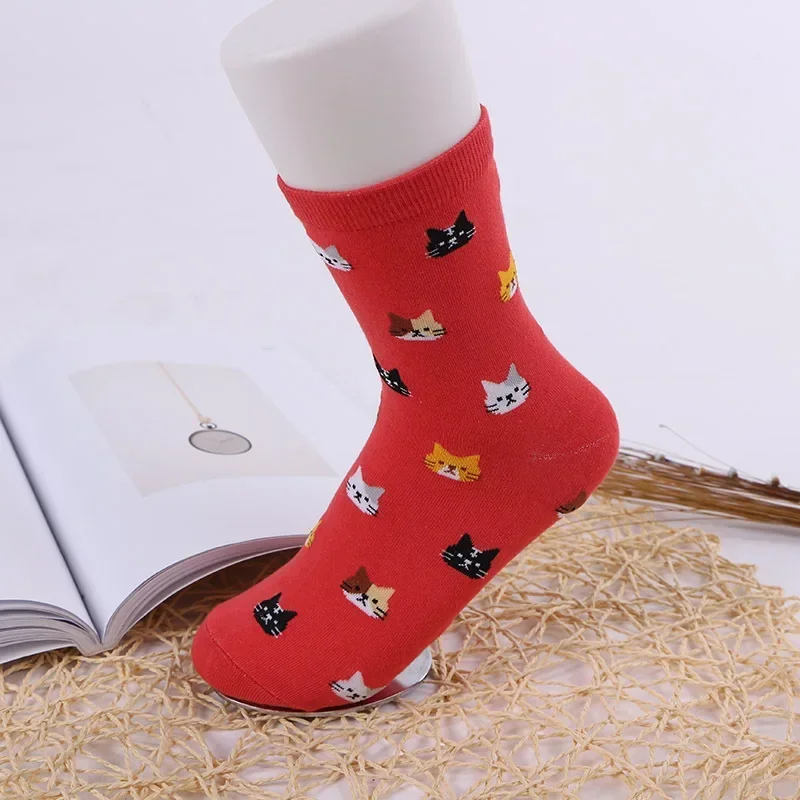 2024 Women Socks Mid Length Sock Cotton Spring and Summer Sweet Fashion Cotton Socks Personality Cat Head Pattern Casual Socks 5
