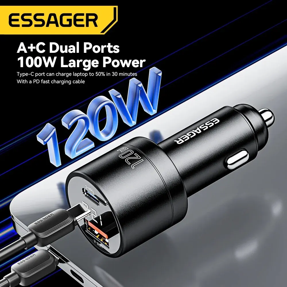 Essager 120W Car Charger Type C QC4.0 USB C Fast Charging 100W PD3.0 for iPhone 15 14 13 12 11 Samsung Xiaomi Macbook Laptop car charger car phone charger