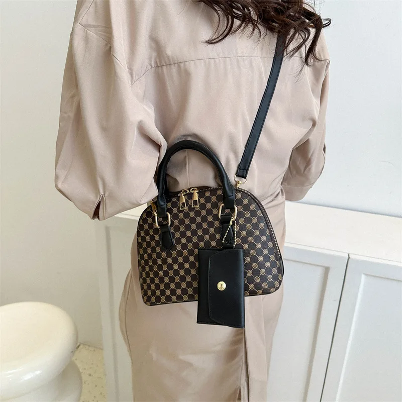 Luxury Shell Fashion Women's Handbag Simple Shoulder Bag Plaid Print Crossbody Bag with Mini Purse