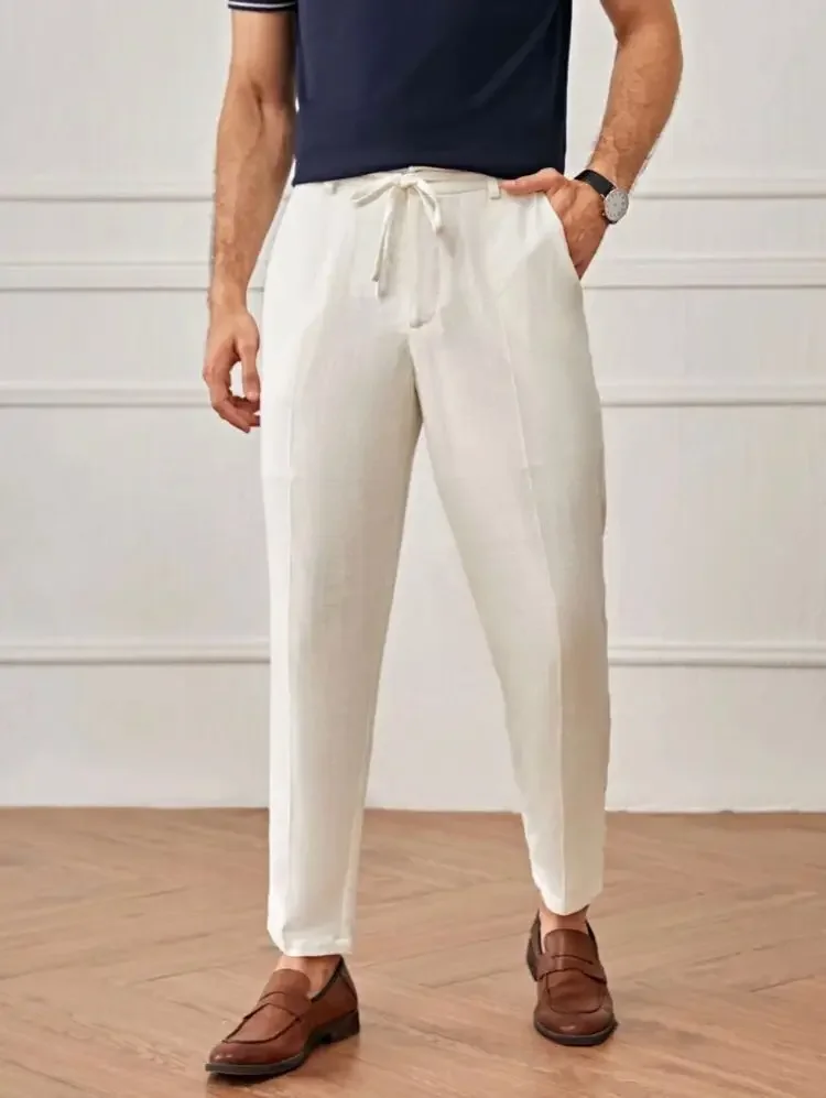 New Men's Cotton Linen Long Pants Summer Solid Color Breathable Linen Trousers Male Casual Elastic Waist Casual  Harajuku Trous