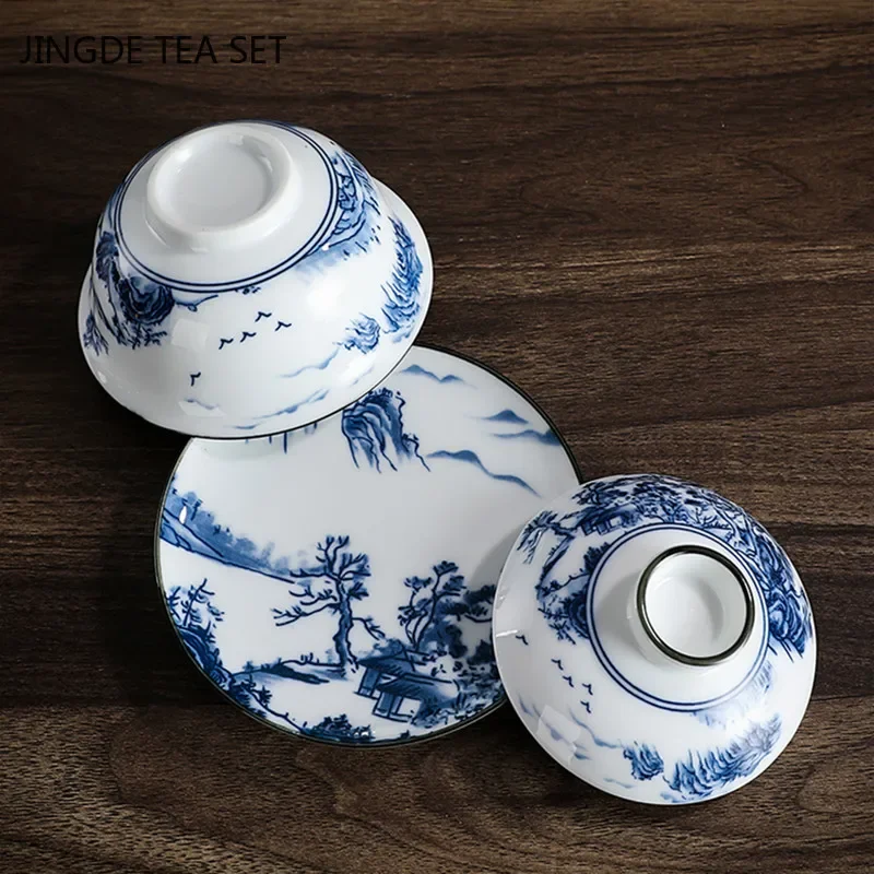 Chinese Vintage Blue and White Porcelain Gaiwan Handmade Ceramic Tea Bowl Teacup Home Teaware Tea Ceremony Personal Cup