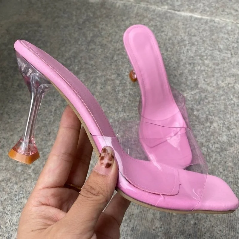 Korean version Summer 2022 slippers women's thick heel square head transparent high-heeled slippers fashion slippers women shoes