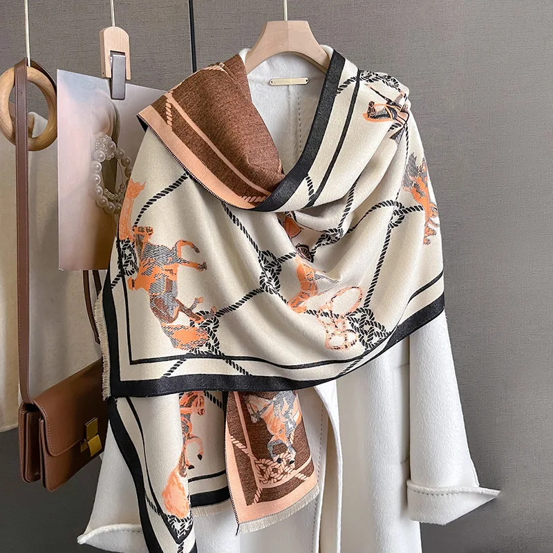 

2023 NewThick Winter Cashmere Scarf Women Luxury Horse Print Office Shawls Wraps Blanket Warm Pashmina Bufandas Poncho Echarpe