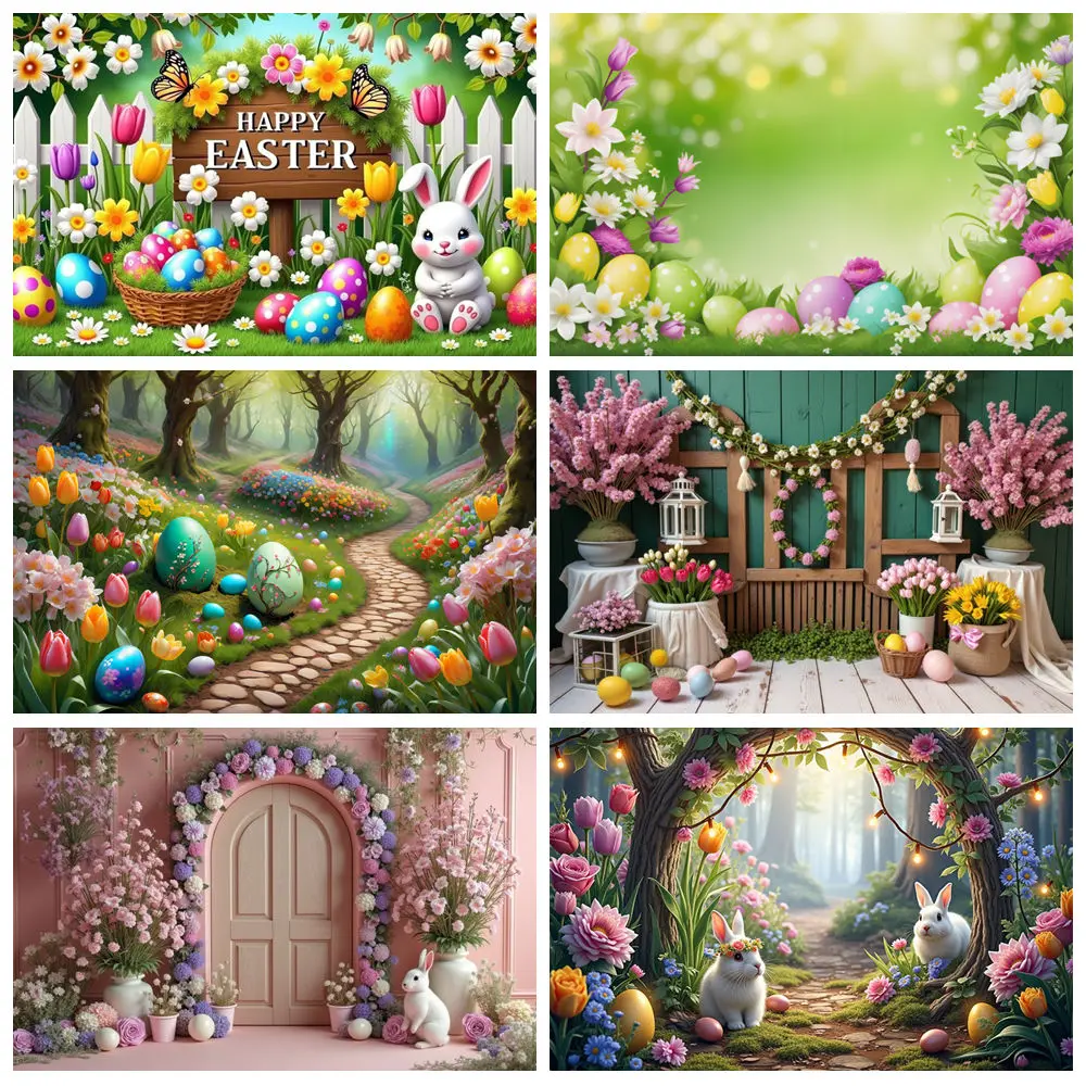 Garden Easter Background Photography Rabbit Bunny Doll House Flower Garland Wreath Backdrop Wooden Wall Studio Photozone