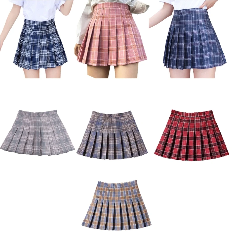 

Women Summer High Waist Plaid Pleated A-Line Mini Skirt Preppy Side Zipper Flared Hem Student Uniforms Dropship