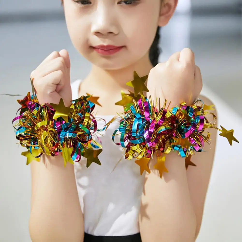 6Pcs Curve Trim Wrist Flower with Star Decor Children Stage Performance Elastic Band Bracelet Elastic Cheerleading Pom Poms