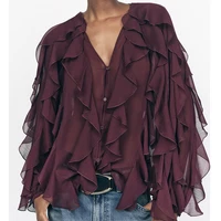 YENKYE New 2025 Women Sexy Semi-sheer Ruffle Shirt Long Sleeve V Neck Front Button Autumn Blouse Burgundy Blusas Mujer - Image 5