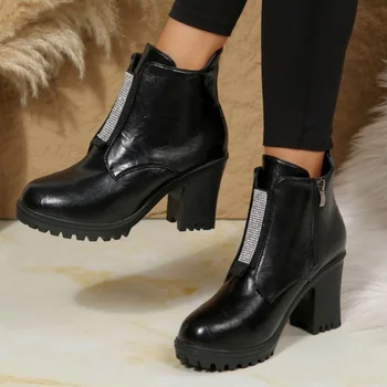 من المألوف جديد مريح حجم كبير مطرزة عالية الكعب الأحذية النسائية الشتاء جولة تو سميكة وحيد عدم الانزلاق أحذية عمل غير رسمية 3