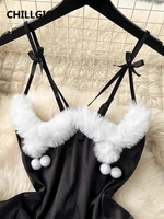CHILLGIO Women Sexy Christmas One Piece Bodysuits Satin Tight Onesie Hot Bunny Catsuits Fashion Fur Combination Strappy Rompers - Image 4