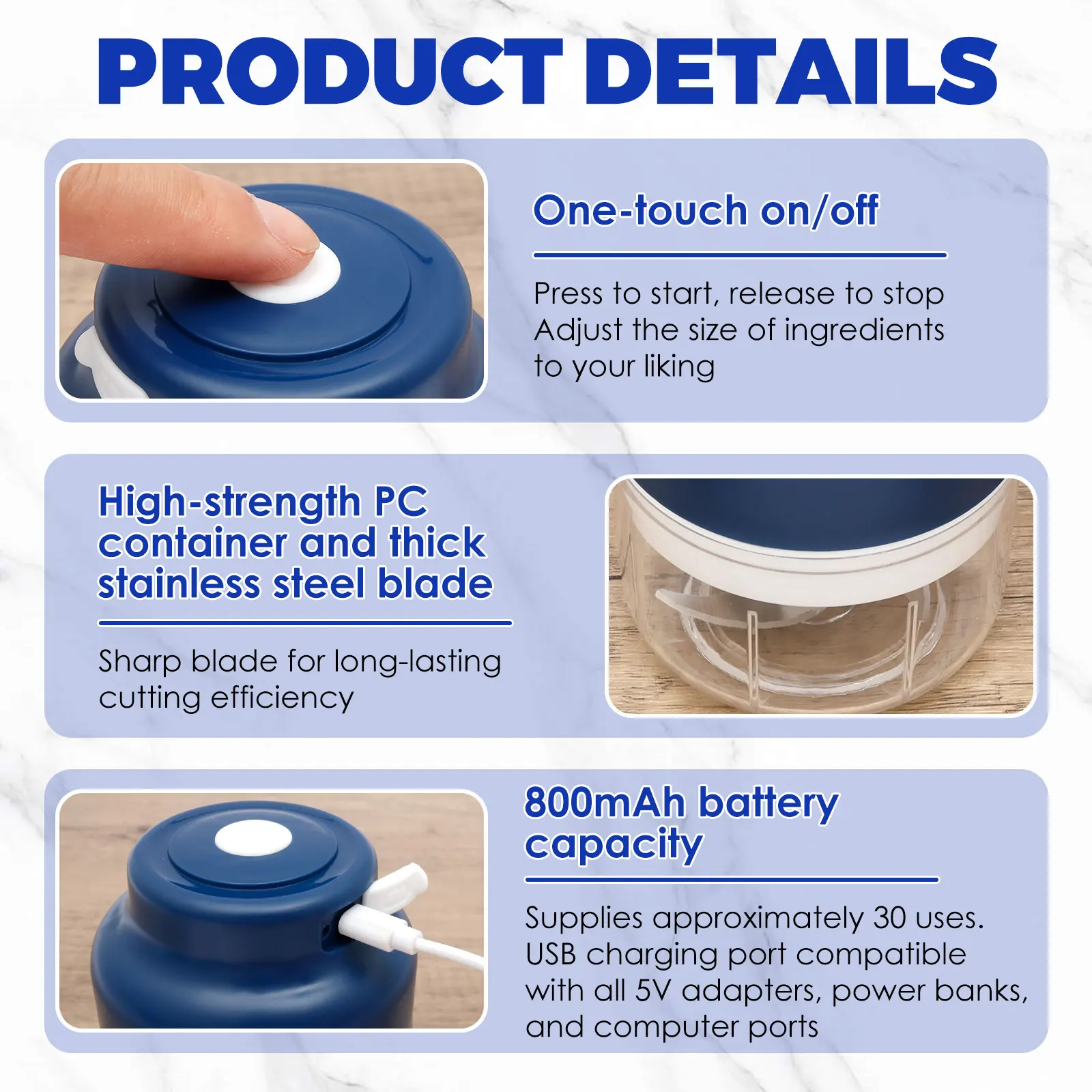 Electric Garlic Chopper 23W 5V Portable Veggie Chopper Garlic Grinder Masher Cordless Food Processor for Home Kitchen