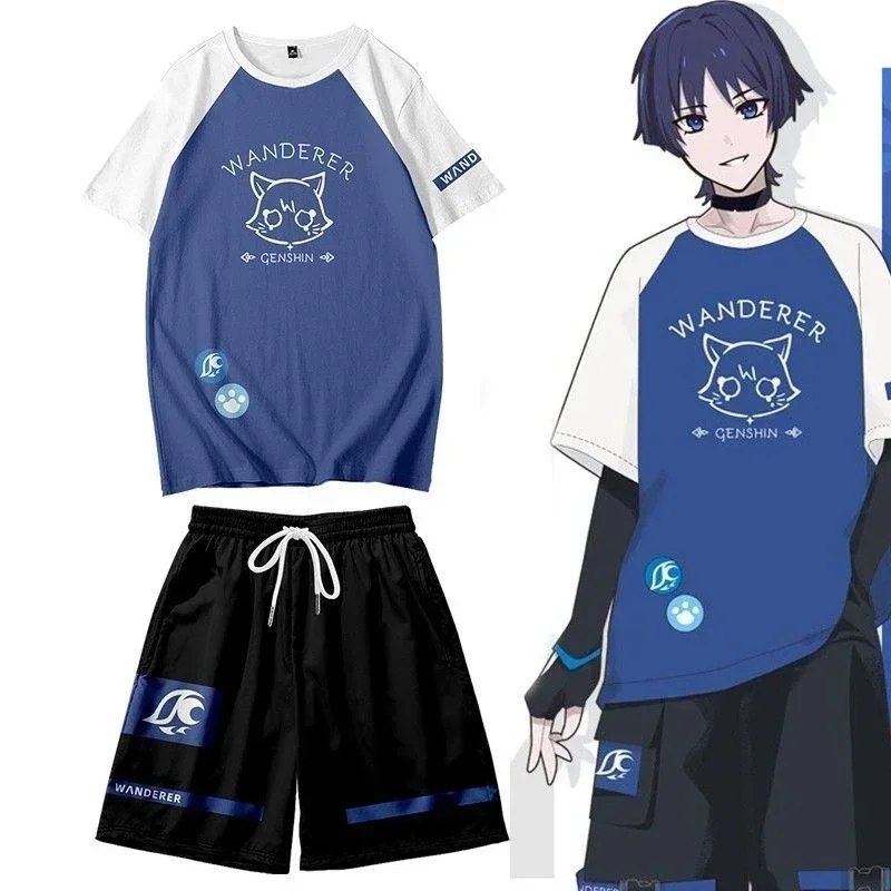 

Wanderer Cosplay Genshin Impact Balladeer Tops Scaramouche T Shirt Shorts Pant Costume Kimono Shirt Haori Cool Streetwear