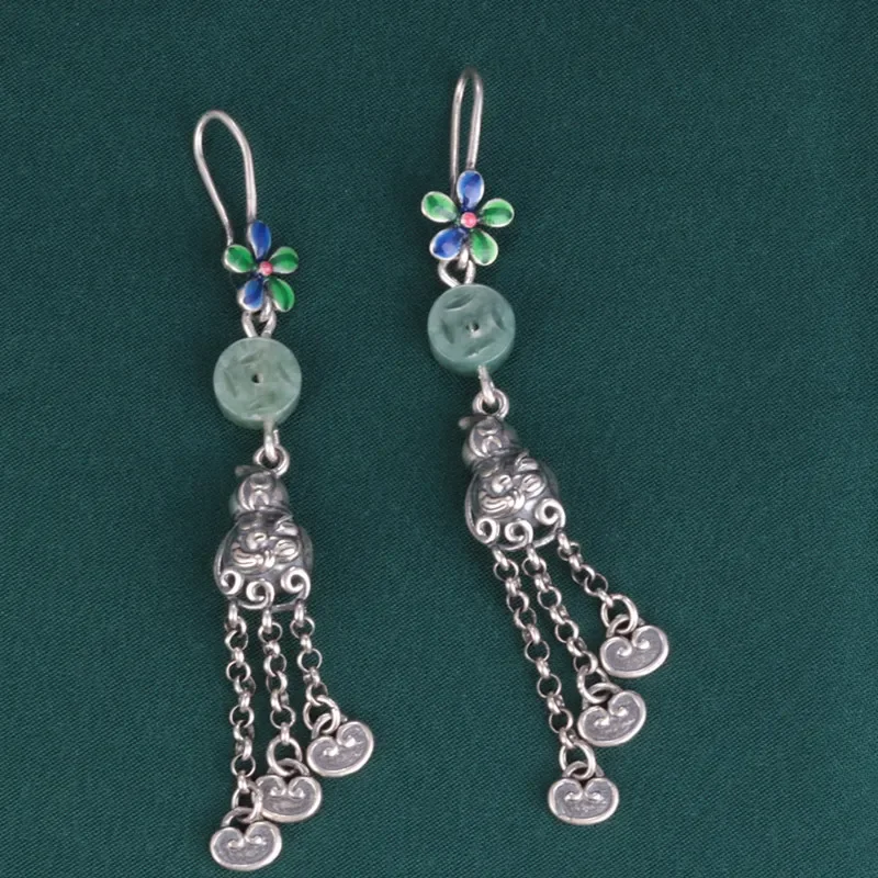 

925 Sterling Silver Jade Small Flower Gourd Hanging earrings Women Retro Ethnic Enamel Long Tassel Wholesale EH162