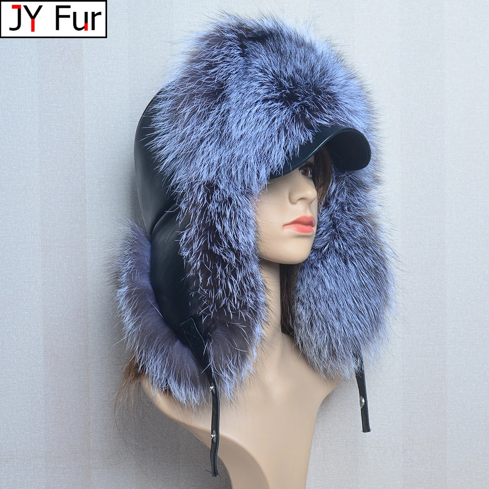 Genuine Silver Fox Fur Hat with Ear Flaps Real Natural Fur Caps for Russian Women Bomber Hats Trapper Cap with Real Leather Top
