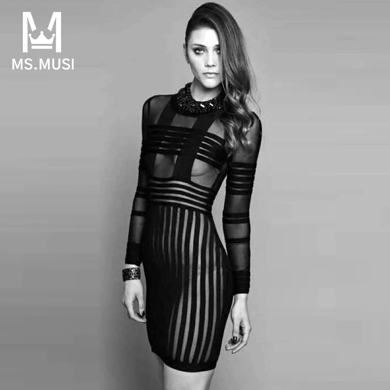 

MSMUSI 2023 New Fashion Women Sexy Stripe Lace Mesh Hollow Out Long Sleeve Backless Bandage Party Club Bodycon Event Mini Dress