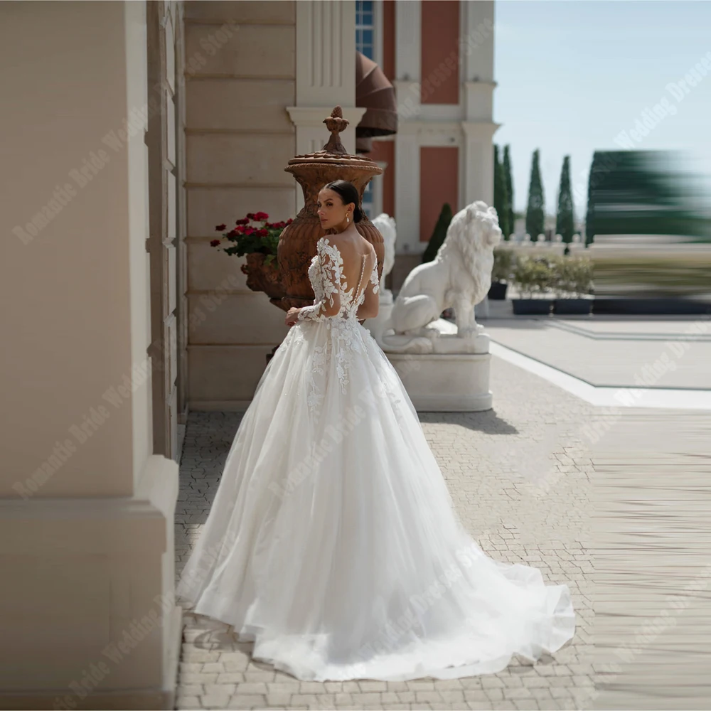 Sweetheart Collar A-Line Women Wedding Dresses Off Shoulder Lace Print Bride Gowns Mopping Length Shining Tulle Gowns Customized 4