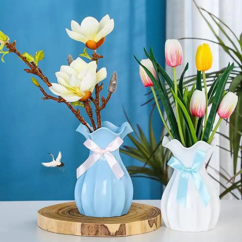 Flower Vase Nordic Plastic Vase Shatterproof Flower Vase with Ruffled Mouth Dried Flowers Holder with Bow for Home Decor 2