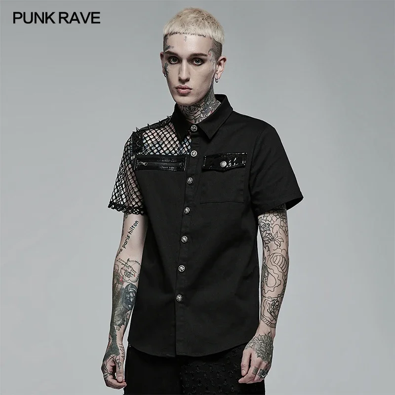 PUNK RAVE, camisa negra Punk de perfil Simple con costuras