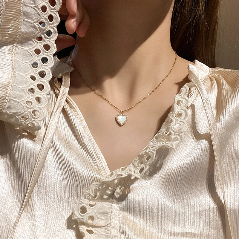 Trendy Fine 14K Real Gold Heart Shaped Opal Chain Pendant Necklace for Women Temperament Jewelry Shiny AAA Zircon Wedding Gift