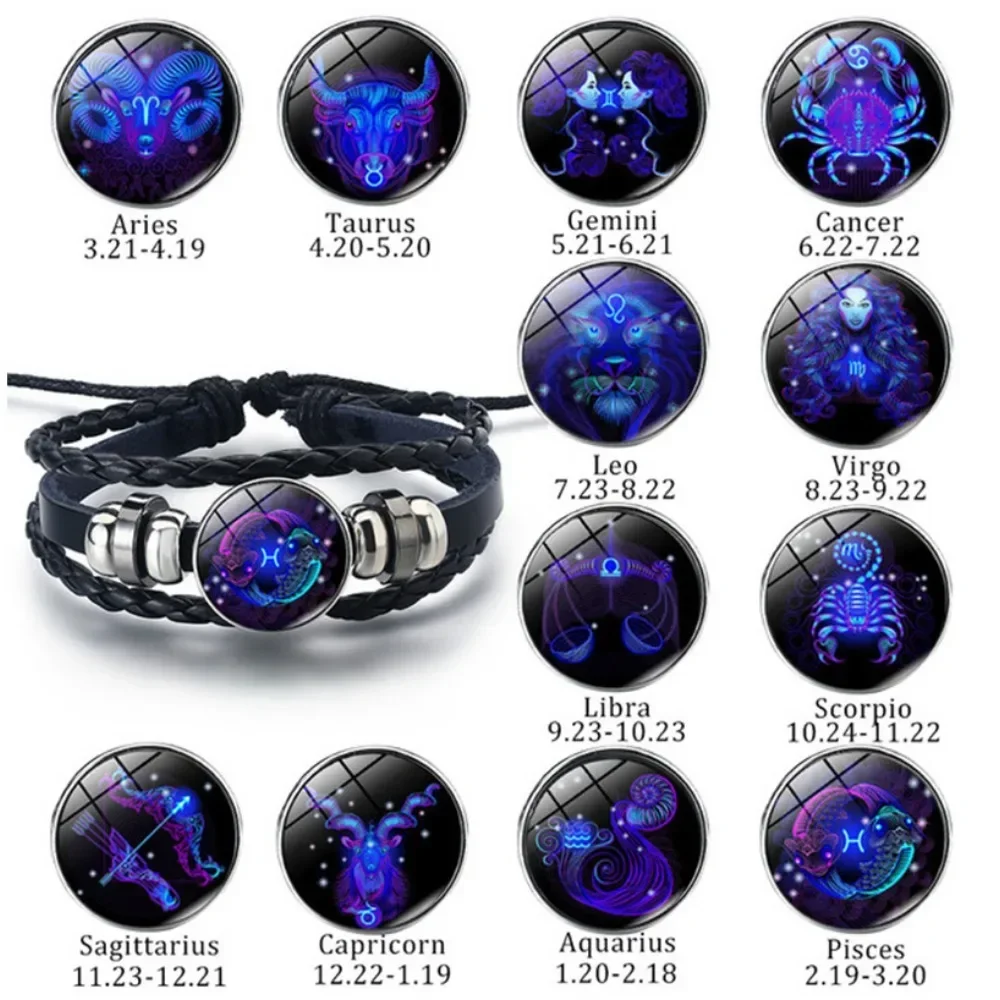 Adjustable 12 Zodiac Signs PU Leather Bracelet Hand Woven Luminous 12 Zodiac Signs Glow Zodiac Spirit Bracelet Jewelry Gift