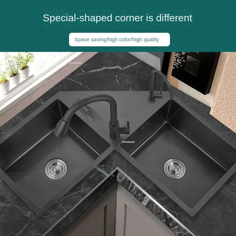 Nano Corner Kitchen Sinks Double-slot Creative Washbasin Kitchen Accessories Thickened Shaped Handmade Basin with Knife Holder
