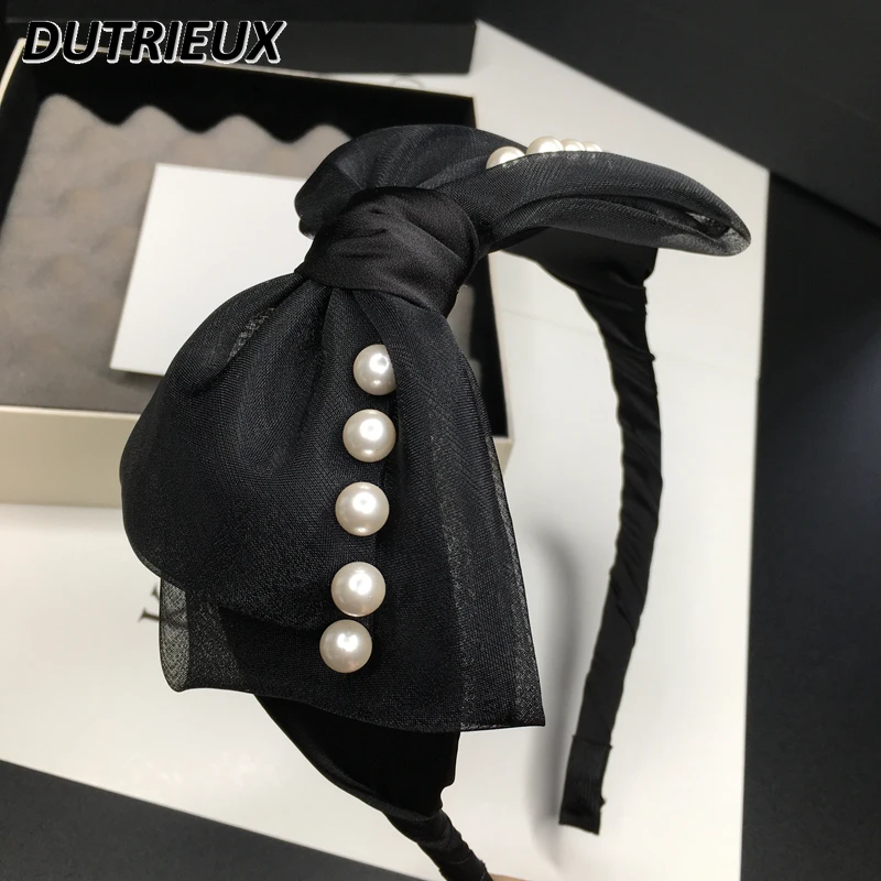 

Mesh Bow Headband Japanese Korean Design Headband Pearl Beaded Hairpin Elegant Fashion Black Hair Bow Female Hair Accessories