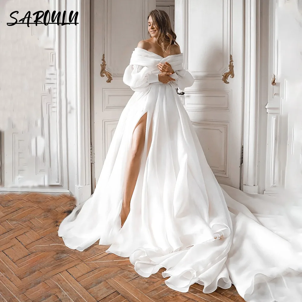

Long Train Organza Wedding Dress With Sexy Side Slit Off The Shoulder Elegant Modern Bride Dresses Bridal Robe Gown For Wedding