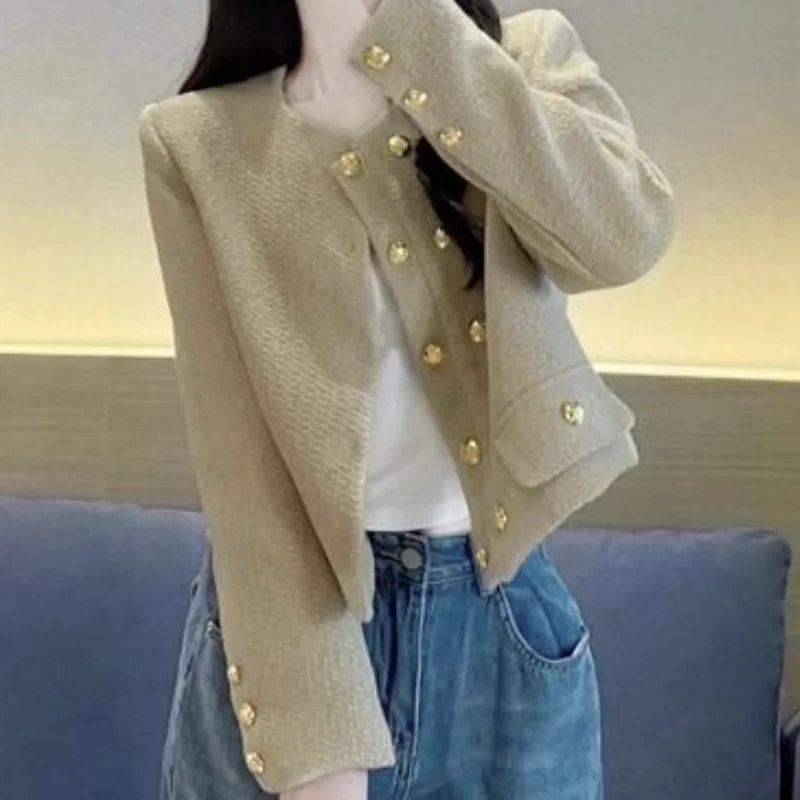Small Fragrance Jacket Women Spring Autumn New Design Sense Temperament Outwear Loose Double-breasted Cardigan Cropped Coat Top