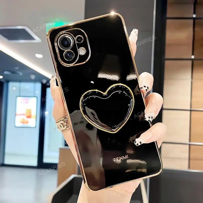 Luxury Plating Love Heart Stand Phone Case - Cute Silicone Cover