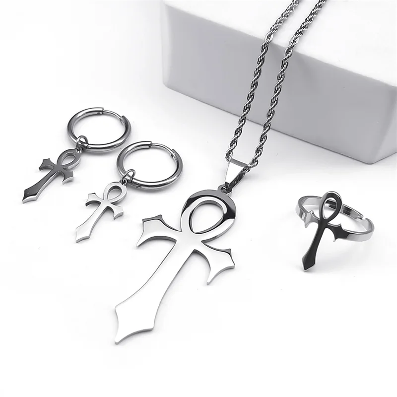 Edelstahl-Schmuckset, Kreuz, Ankh, Schlüssel des Lebens, ägyptische Halskette, Armband, Ring, Ohrring, Ägypten, Hieroglyphen, Crux, Ansata, Geschenke – Detail 10