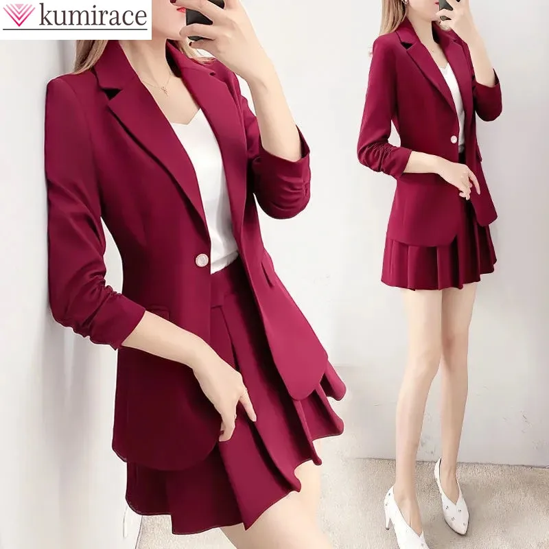 2022 Summer New Red Women's Suit Elegant Women's Long Sleeved Top Pleated Skirt Twopiece Sets Office Work Suit Queue Club Dress