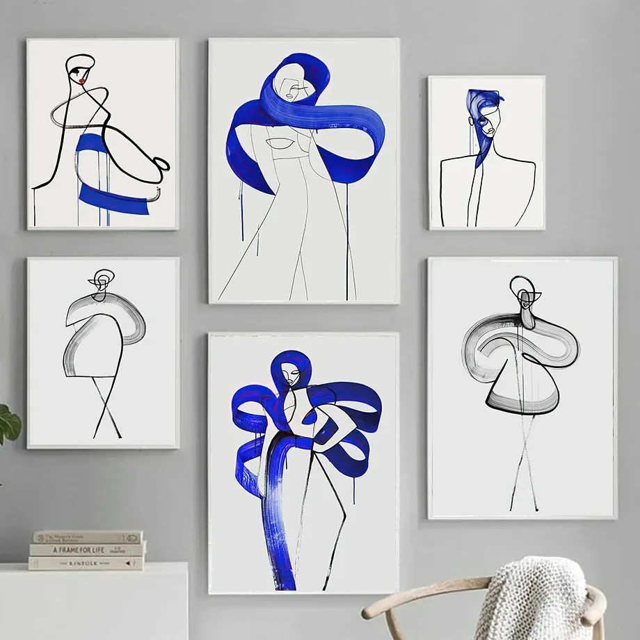 

Абстрактные скандинавские плакаты и принты с синей лентой танцующей девушкой, настенная живопись на холсте, домашний декор, минималистичные картины для салона