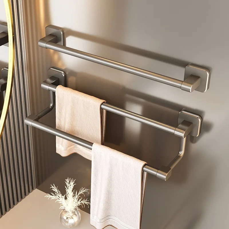 Towel Holder Wall Mounted No Drilling Towel Bar Space Aluminum Bathroom Organizers Bathroom Shelves Shower Storage Rack