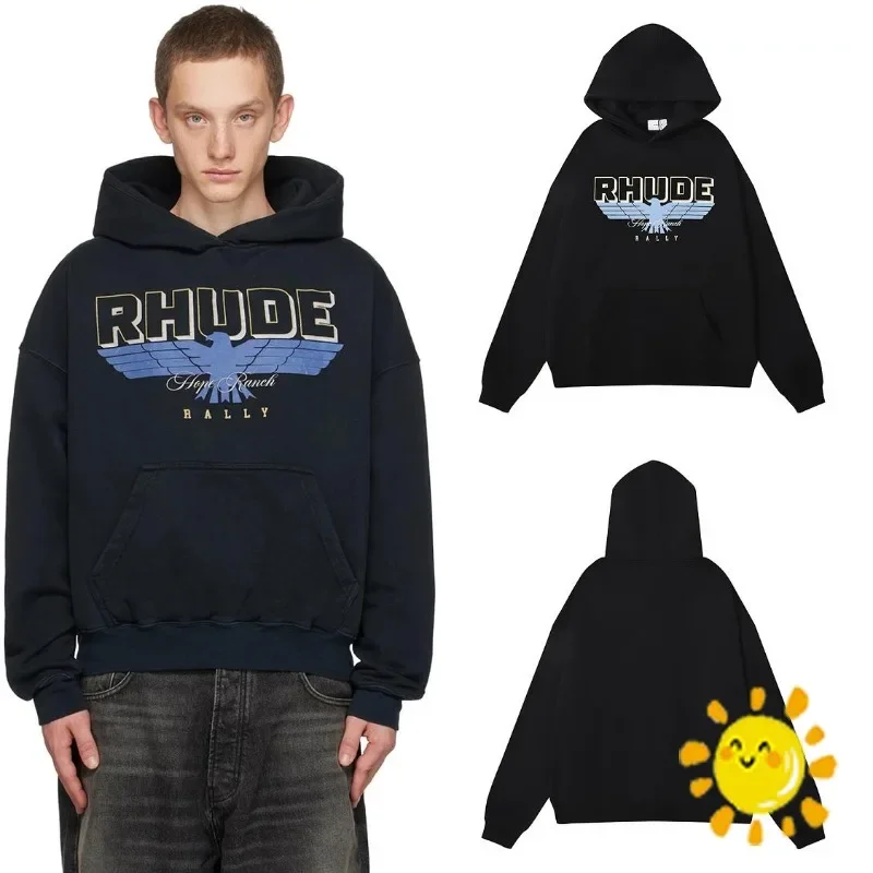 

New Hip Hop Hip Hop Eagle Letter Logo Print Rhude Hoodie for Men Women Casual Hooded Pullovers