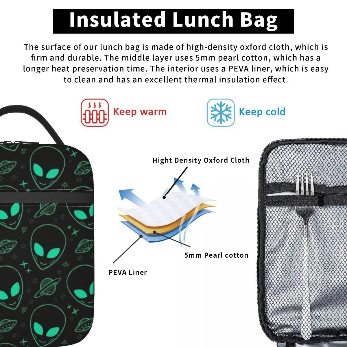 Alien And UFO Space Star Pattern Insulated Lunch Tote Bag for Women Resuable Cooler Thermal Bento Box Kids School Children