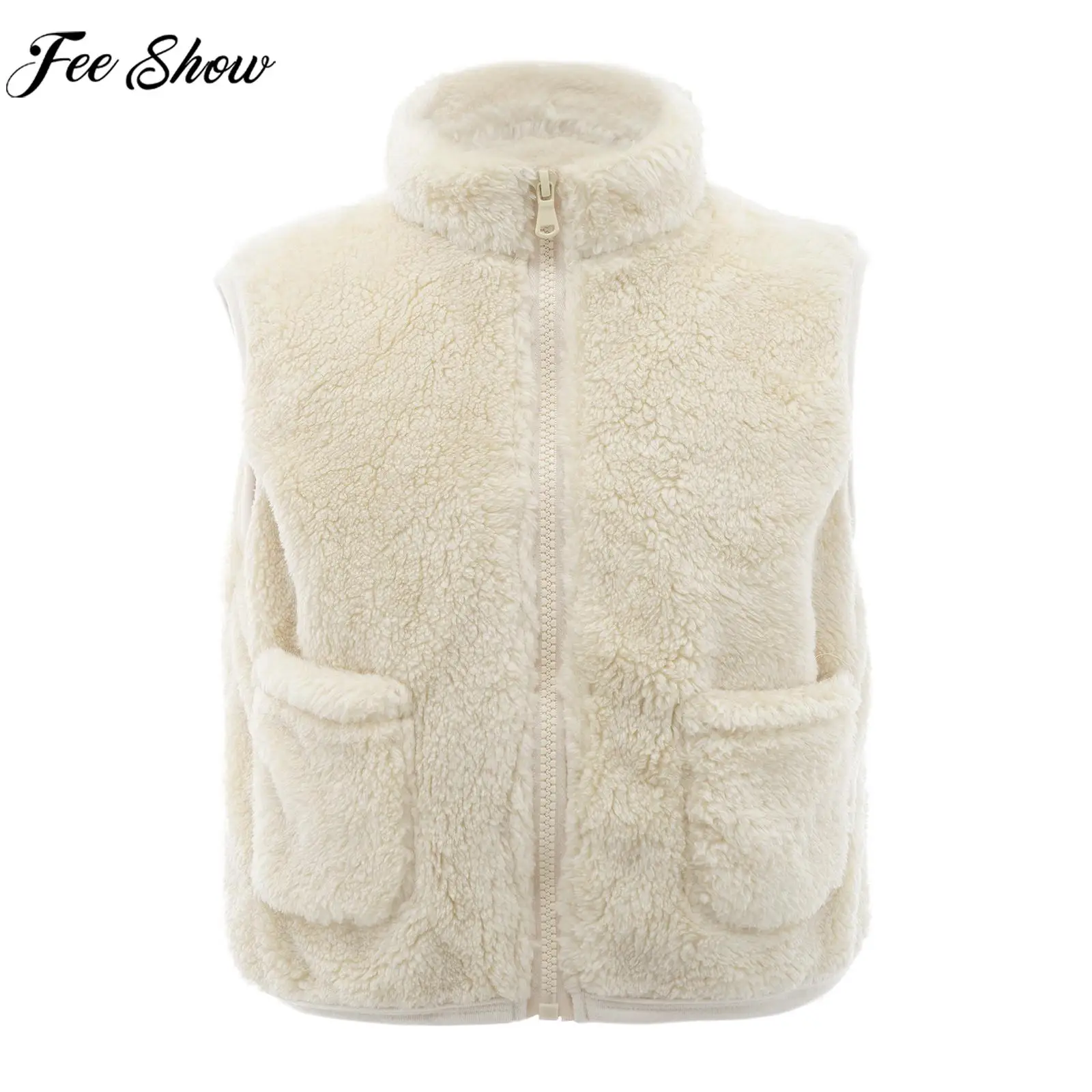 

Toddler Kids Casual Soft Plush Warmer Vest Outerwear Sleeveless Stand Collar Preppy Style Waistcoat Coat Loungewear Streetwear