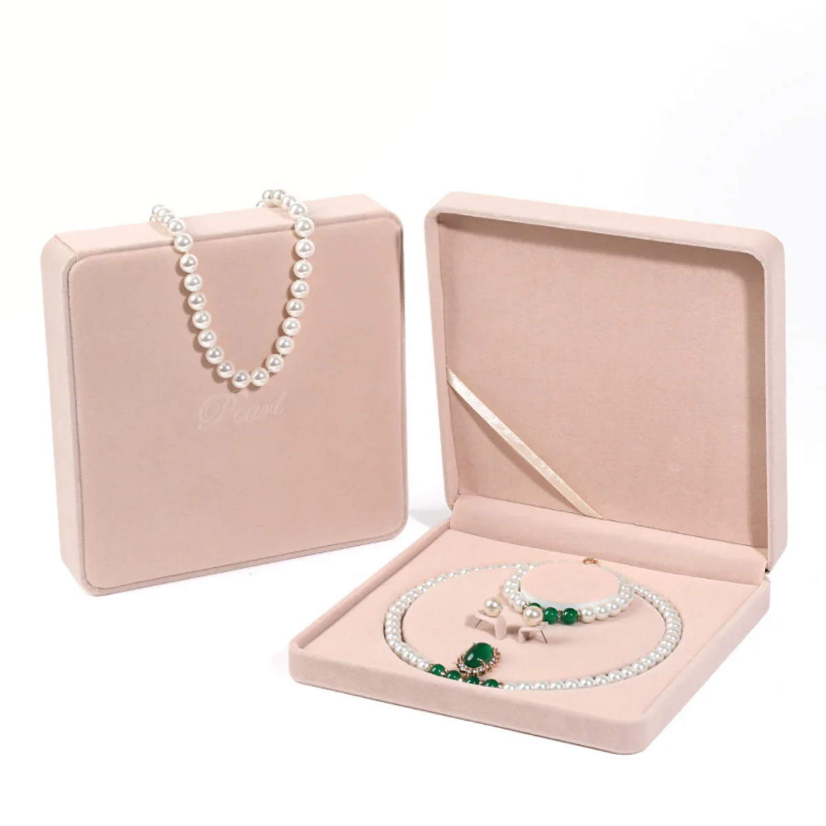 Round Corner Pearl Necklace Box Velvet Jewelry Box Jewelry Set Box Necklace Display Pearl Packaging Box Wholesale